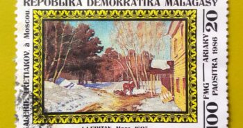 Issue:        Madagascar Democratic Republic (Levitan Mars) Tretyakov Gallery 1986 Stamp Type:         Stamp Number of Stamps:         2 Denominations:           100 FMG, Issue Date:           1986 Issued By:       Madagascar Post 