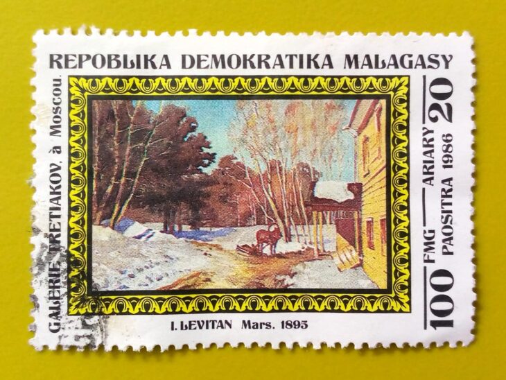 Issue:        Madagascar Democratic Republic (Levitan Mars) Tretyakov Gallery 1986 Stamp Type:         Stamp Number of Stamps:         2 Denominations:           100 FMG, Issue Date:           1986 Issued By:       Madagascar Post 