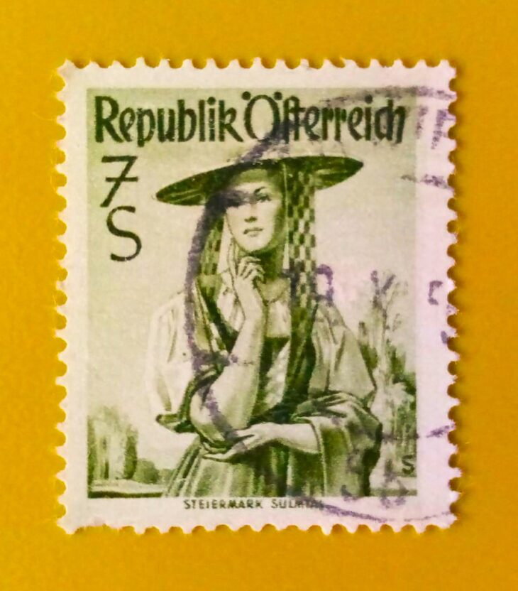 Issue:      Republic Of Austria Women’s Costumes 1948 Stamp Type:      Stamp Number of Stamps:       1 Stamps Denomination:         7 S, Issue Date:        1948 Issued By:     Australia Post