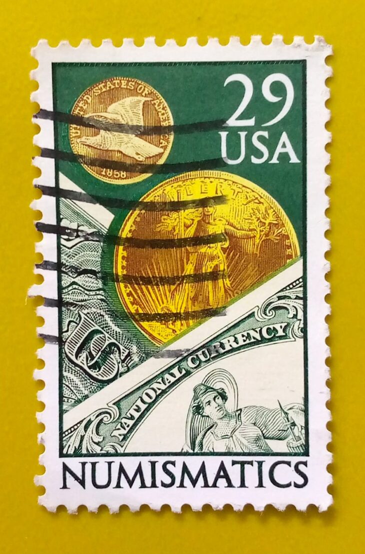 Issue:        USA Numismatics 1991 Stamp Type:       Stamp Number of Stamps:         1 Stamps Denomination:         29 C,  Issue Date:         1991 Issued By:       United States Postal Service (USPS) 
