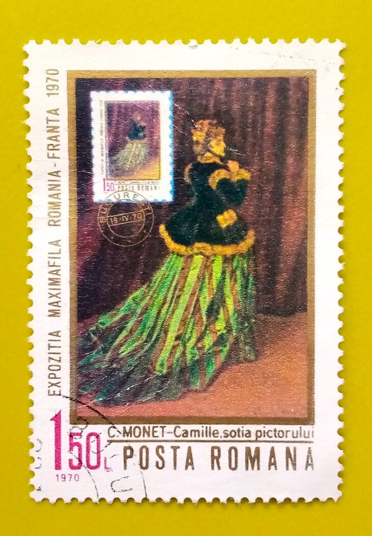 Issue:       Romania Camille Claude Monet 1970 Stamp Type:        Stamp Number of Stamps:         1 Stamps Denomination:        1.50 L, Issue Date:       1970         Issued By:      Romania Post 