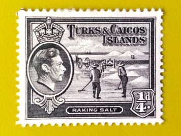 Issue:          Turks and Caicos Islands Raking Salt 1938 Stamp Type:        Stamp Number of Stamps:        1 Stamps Denomination:         1/4 d, Issue Date:         1938 Issued By:       Turks and Caicos Islands (British Overseas Territory)