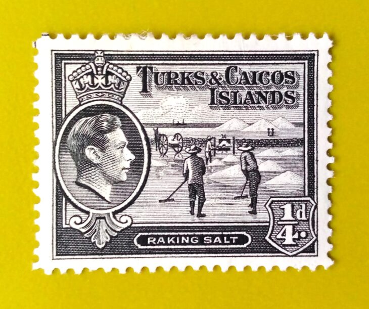 Issue:          Turks and Caicos Islands Raking Salt 1938 Stamp Type:        Stamp Number of Stamps:        1 Stamps Denomination:         1/4 d, Issue Date:         1938 Issued By:       Turks and Caicos Islands (British Overseas Territory)