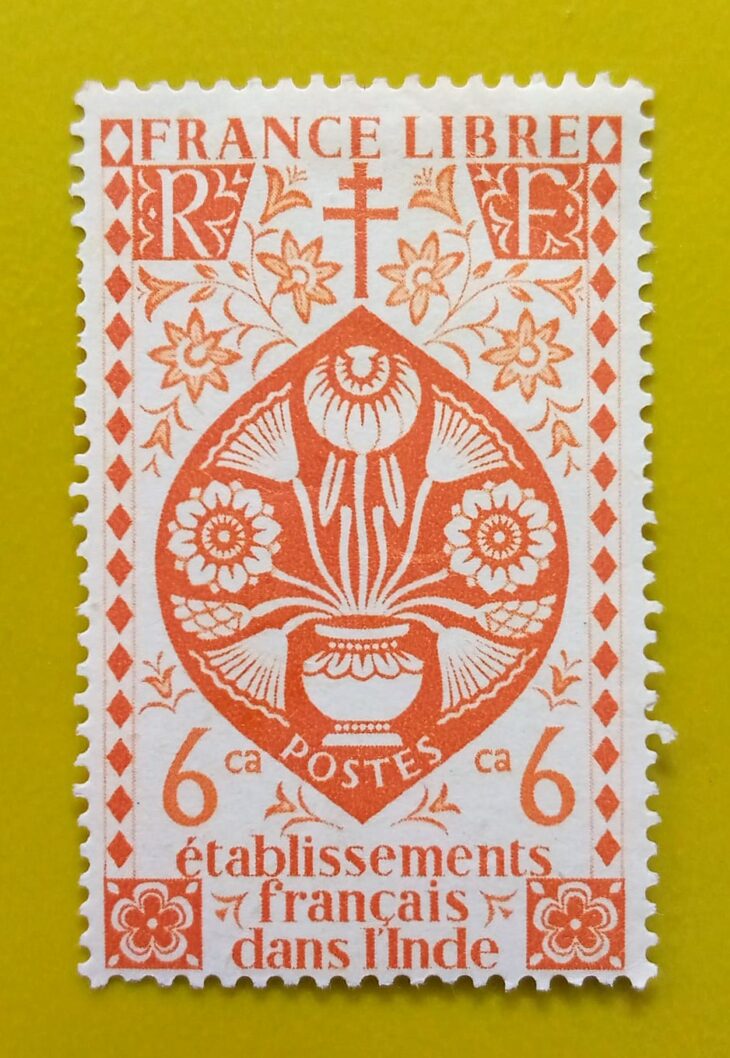 Issue:      France Libre French Establishments in India Lotus Flower 6ca Stamp Type:     Stamp Number of Stamps:       1 Denominations:          6 ca, Issue Date:          Issued By:     France post 