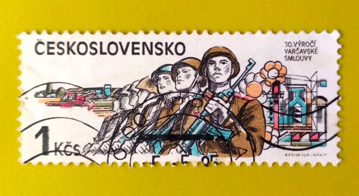 Issue:      Czechoslovakia 30th Anniversary of the Warsaw Pact 1985 Stamp Type:      Stamp Number of Stamps:       1 Stamps Denomination:         1 KCS, Issue Date:        1985 Issued By:      Czechoslovakia Postal Service (USPS) 