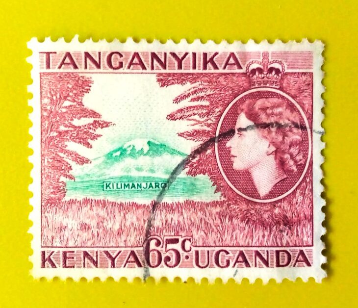 Issue:      Kenya Uganda Tanganyika Queen Elizabeth II Kilimanjaro 1954 Stamp Type:     Stamp Number of Stamps:       1 Stamps Denomination:        65 C, Issue Date:        1954 Issued By:      Kenya Post 
