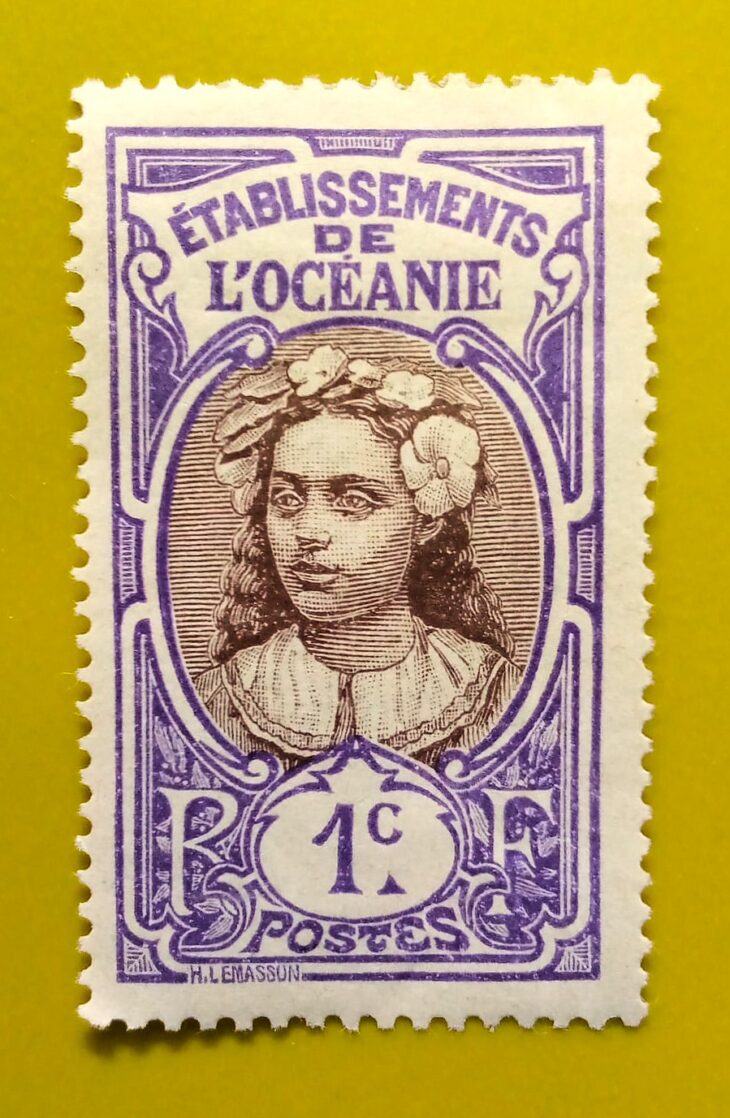 Issue:      France Polynesia Tahiti Woman Oceania Establishments 1913 Stamp Type:       Stamp Number of Stamps:        1 Denominations:          1 C, Issue Date:          1913 Issued By:      France post