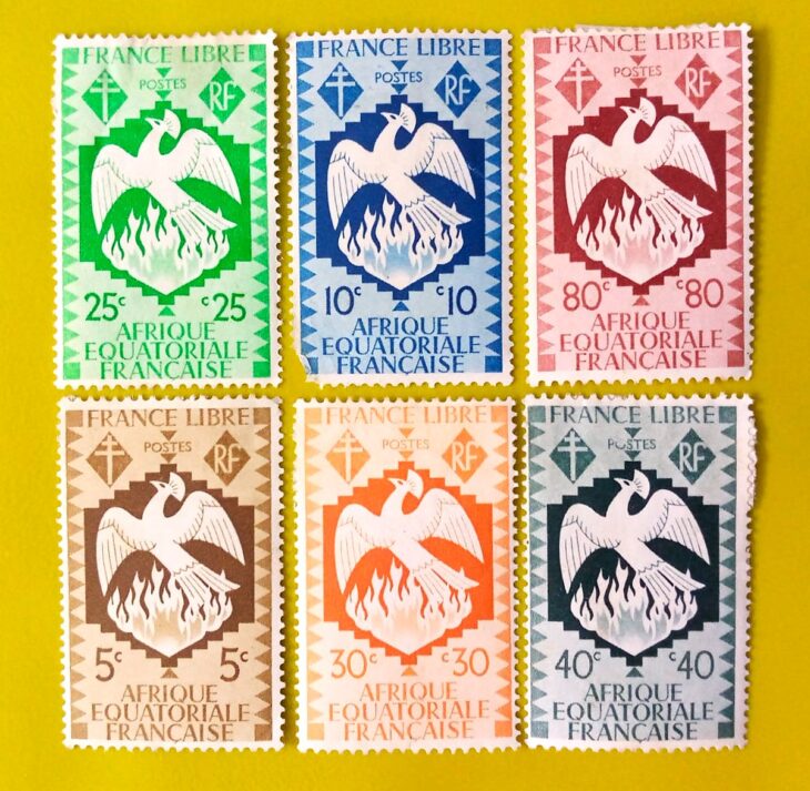 Issue:      France Equatorial Africa Set of Phoenix Stamp Type:      Stamp Number of Stamps:        6 Denominations:          5c, 10c, 25c, 30c, 40c, 80c, Issue Date:          Issued By:      France post 