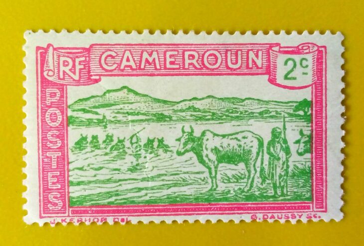 Issue:         Cameroon (French Colony) Cattle Fording River 2c 1925 Stamp Type:        Stamp  Stamps:          1        Stamps Denomination:       2 C,  Issue Date:       1925 Issued By:        French Colonial Administration