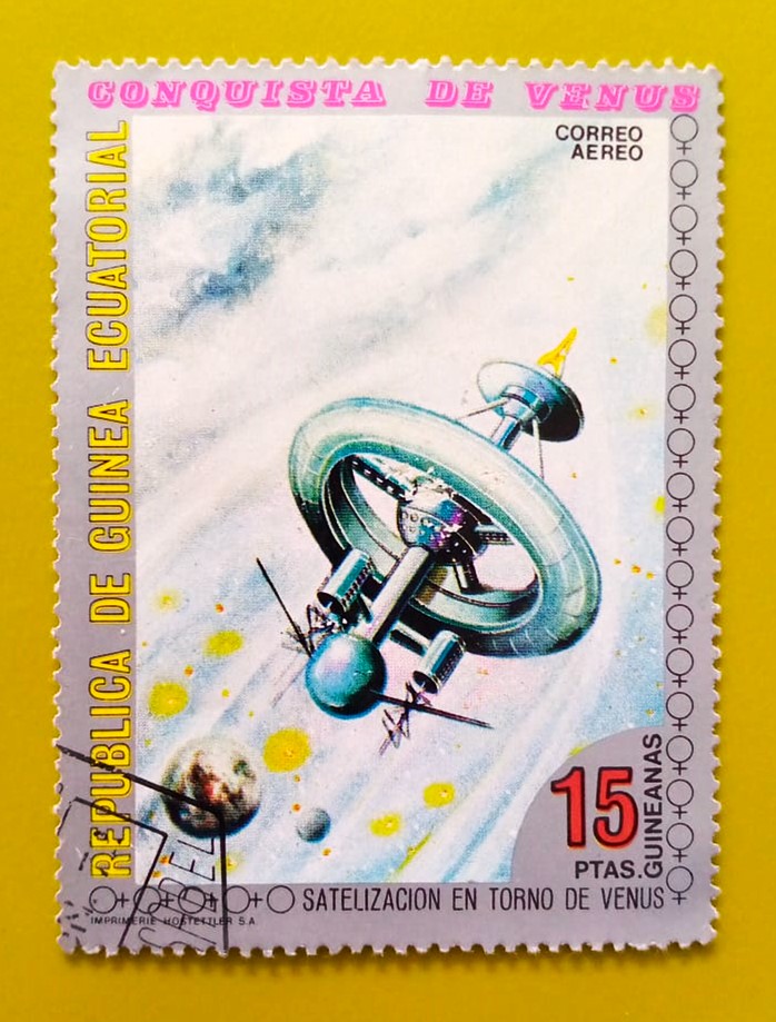 Issue:      Republic of Equatorial Guinea Conquest of Venus 1973 Stamp Type:      Stamp Number of Stamps:        1 Stamps Denomination:        15 PTAS, Issue Date:        1973 Issued By:      Central African Post 