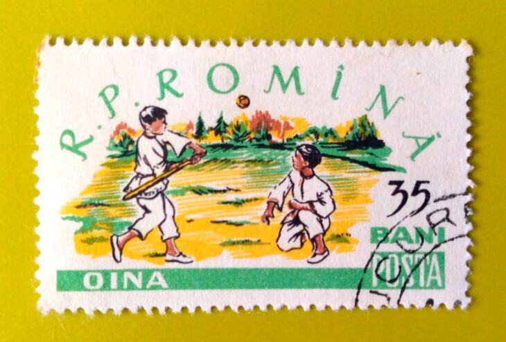 Issue:       Romania Baseball (Oina) Stamp Type:        Stamp Number of Stamps:         1 Stamps Denomination:        35 Bani, Issue Date:       1960 Issued By:      Romania Post