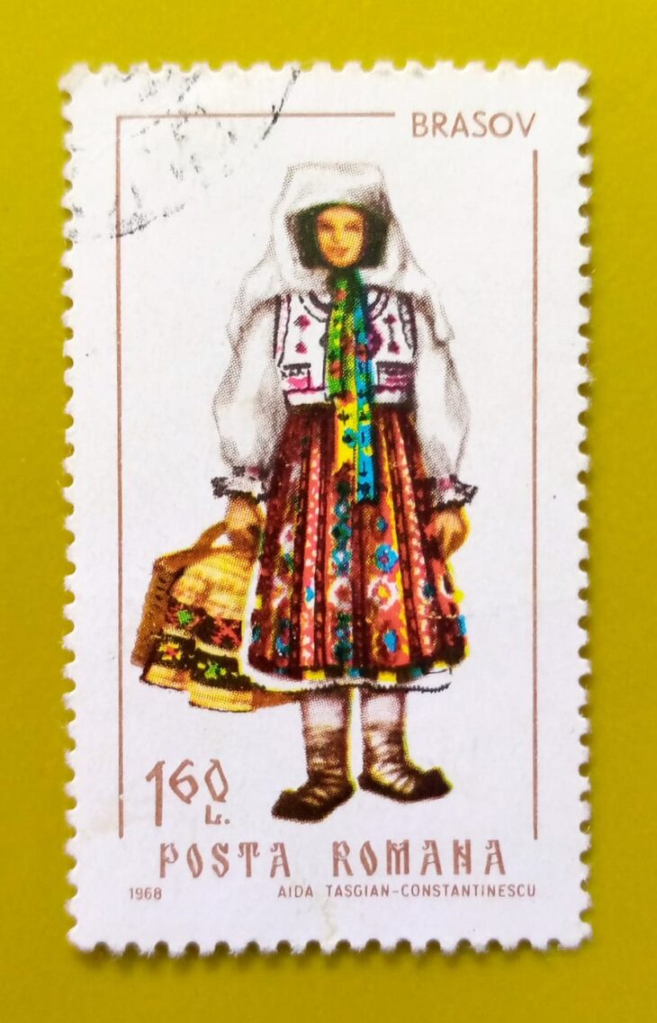 Issue:       Romania Woman Costume (Brasov) 1968 Stamp Type:        Stamp Number of Stamps:         1 Stamps Denomination:       1.60 L Issue Date:          1968 Issued By:      Romania Post 