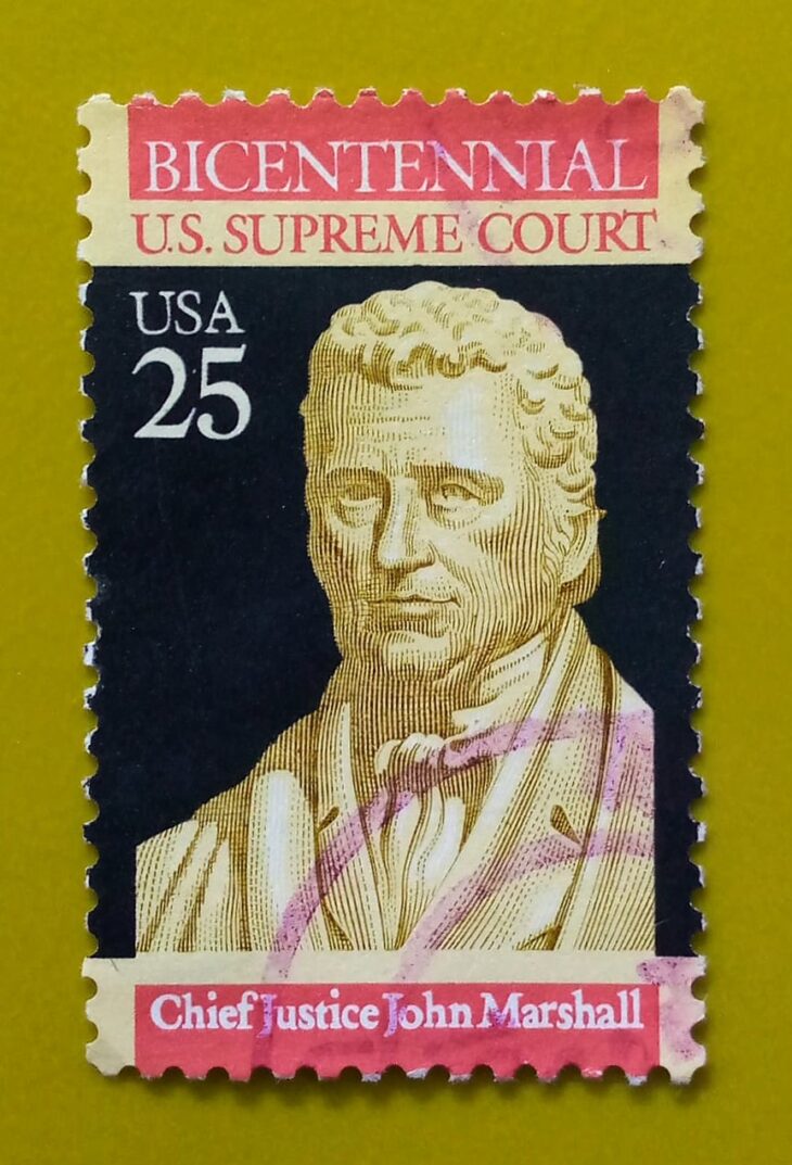 Issue:        U.S. Supreme Court Chief Justice John Marshall 1990 Stamp Type:       Stamp Number of Stamps:         1 Stamps Denomination:         25 C,  Issue Date:         1990 Issued By:       United States Postal Service (USPS) 