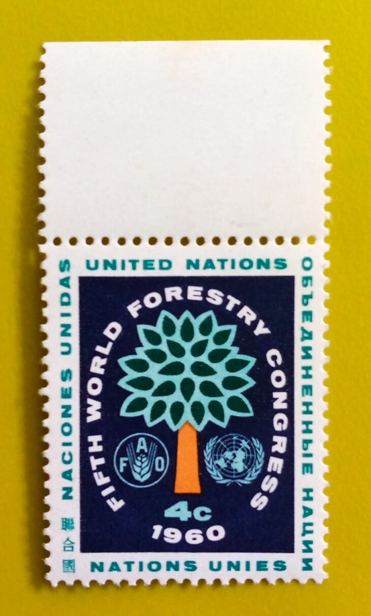 Issue:      United Nations Fifth World Forestry Congress 1960 Stamp Type:      Stamp Number of Stamps:       1 Stamps Denomination:        4 C, Issue Date:       1960 Issued By:      United Nations (New York) 