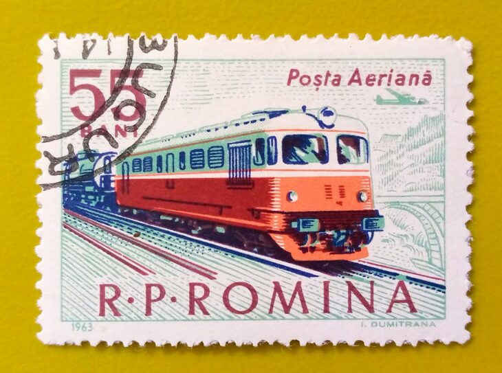 Issue:       Romania Locomotive Train 1963 Stamp Type:        Stamp Number of Stamps:        1 Stamps Denomination:          55 B, Issue Date:          1963 Issued By:      Romania Post 