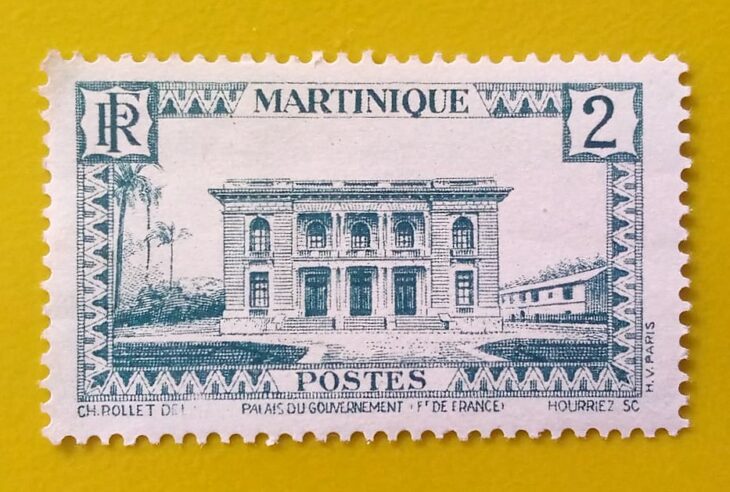 Issue:    France Martinique Government Palace 1933 Stamp Type:     Stamp Number of Stamps:       1 Denominations:        2 C, Issue Date:        1933 Issued By:     France post 