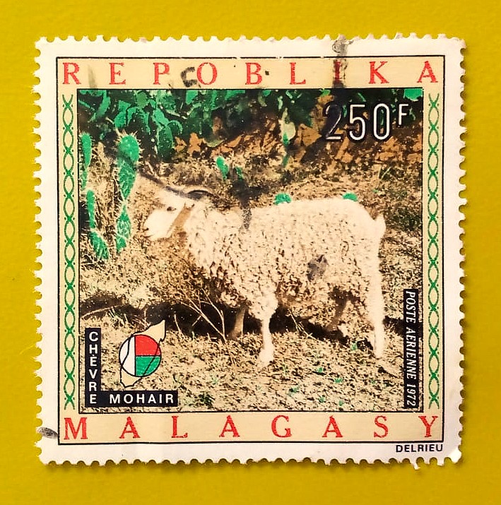 Issue:        Republic Malagasy Mohair Goat (Angora goat) 1972 Stamp Type:         Stamp Number of Stamps:         3 Denominations:           2.50 F, Issue Date:           1972 Issued By:       Madagascar Post 