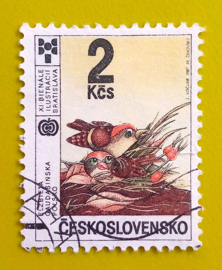 Issue:       Czechoslovakia Birds Elzbieta Gaudasinska of (Poland) 1987 Stamp Type:        Stamp Number of Stamps:             1 Stamps Denomination:            2 KCS, Issue Date:             1987 Issued By:       Czechoslovakia Postal Service (USPS) 