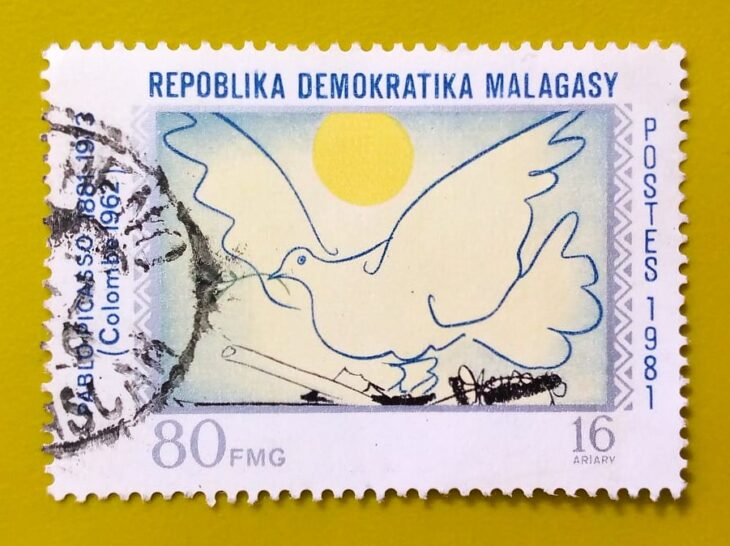 Issue:        Republic Malagasy Pablo Picasso 1981 Stamp Type:         Stamp Number of Stamps:         3 Denominations:           80 FMG, Issue Date:           1981 Issued By:       Madagascar Post 