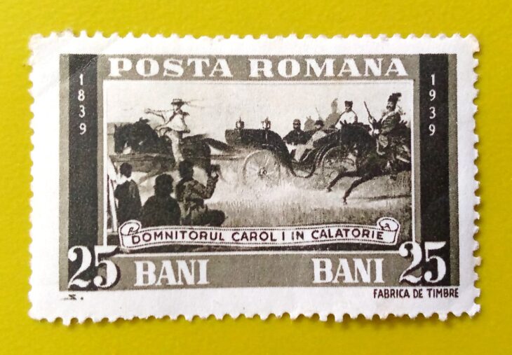 Issue:       Romania King Carol on a Journey 1939 Stamp Type:        Stamp Number of Stamps:        1 Stamps Denomination:          25 B, Issue Date:          1939 Issued By:      Romania Post 
