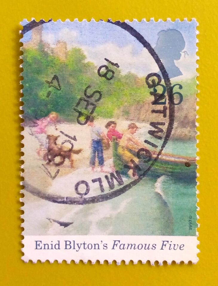 Issue:         Great Britain (Novels) Enid Blyton's Famous Five 1997 Stamp Type:         Stamp Number of Stamps:           1 Stamps Denomination:           26 ​​ p, Issue Date:          1997 Issued By:         Royal Mail, United Kingdom 