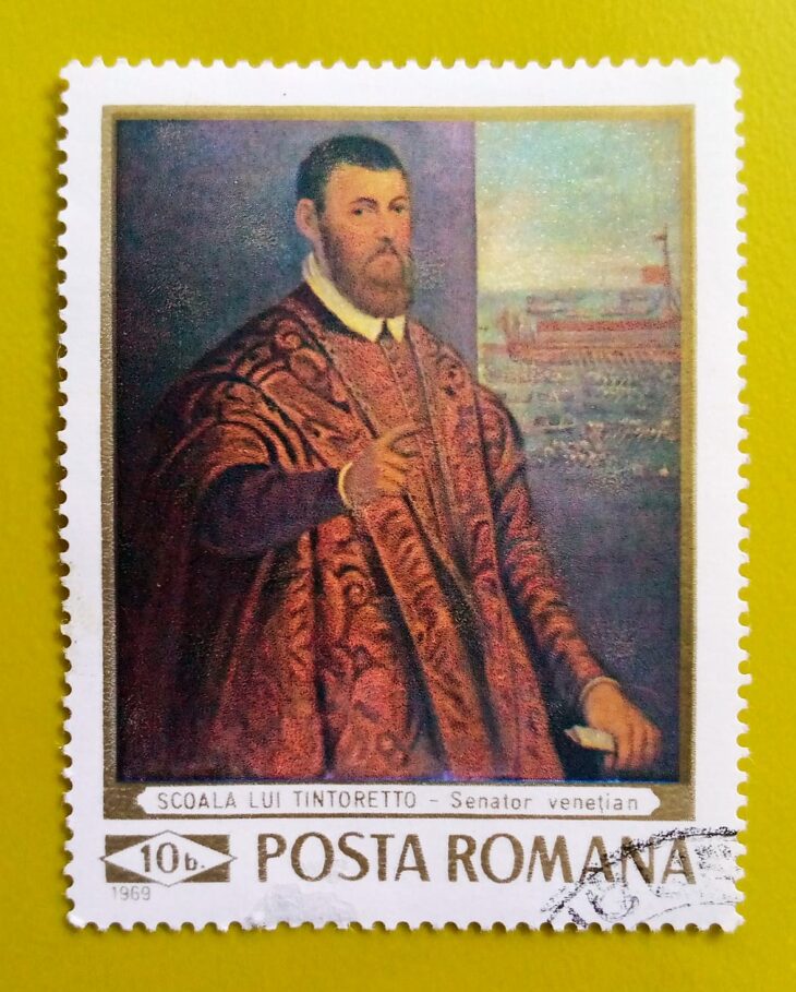 Issue:       Romania (Tintoretto) School Venetian Senator 1969 Stamp Type:        Stamp Number of Stamps:        1 Stamps Denomination:          10 B, Issue Date:          1969 Issued By:      Romania Post 
