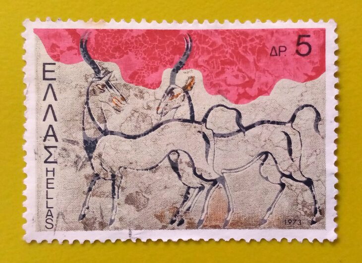 Issue:     Greece (Painting) Antelope 1973 Stamp Type:     Stamp Number of Stamps:        1 Denominations:      5 Dr, Issue Date:       1973 Issued By:      Greece Post 