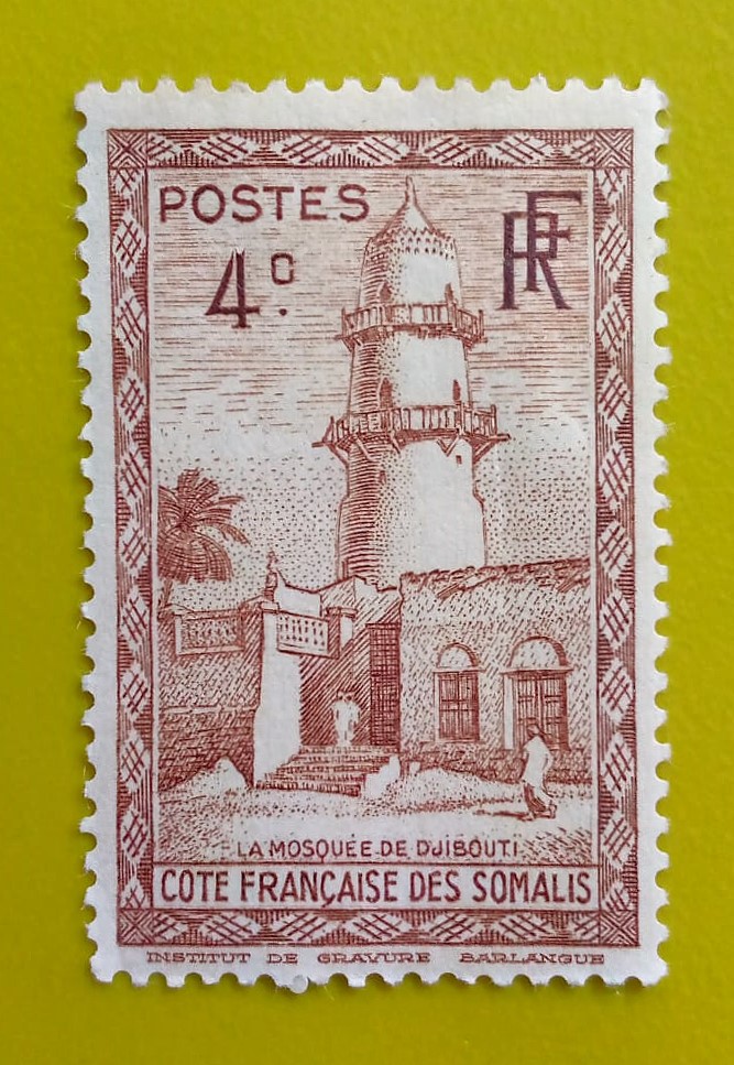 Issue:    France and Colonies Mosque of Djibouti 1938-40 Stamp Type:    Stamp Number of Stamps:        1 Denominations:        4 C, Issue Date:        1938-40 Issued By:     France post 