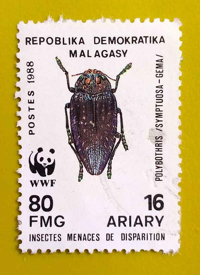 Issue:        Republic Malagasy Jewel Beetle (Polybothris Sumptuosa) 1988 Stamp Type:         Stamp Number of Stamps:         2 Denominations:           80 FMG, Issue Date:           1988 Issued By:       Madagascar Post 