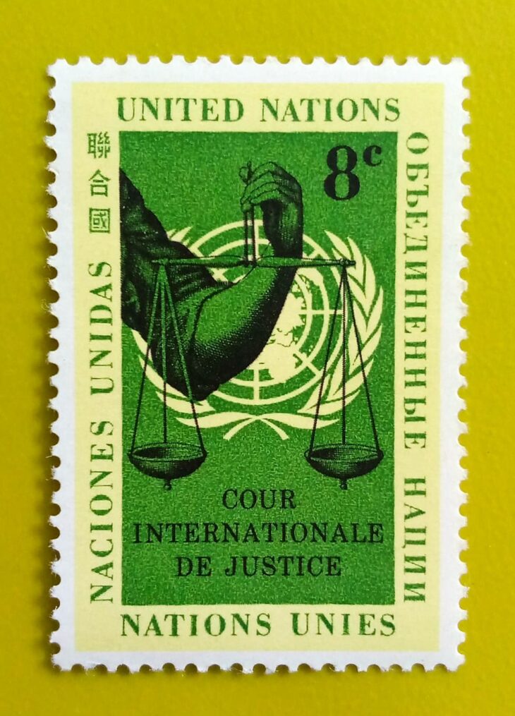 Issue:      United Nations International Court of Justice Stamp Type:      Stamp Number of Stamps:       1 Stamps Denomination:        8 C,  Issue Date:       1961 Issued By:      United Nations 