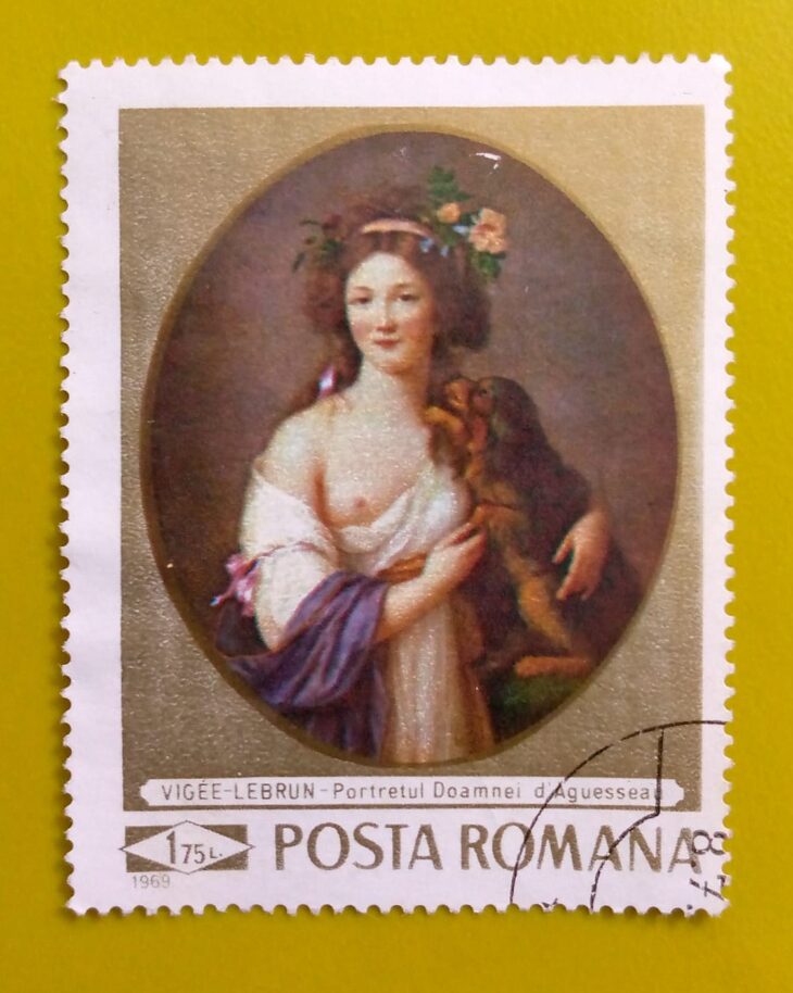 Issue:       Romania Portrait of Doamnei d,Aguesseau by Elisabeth Louise Vigee Le 1969 Stamp Type:        Stamp Number of Stamps:        1 Stamps Denomination:       1.75 L, Issue Date:       1969 Issued By:      Romania Post 
