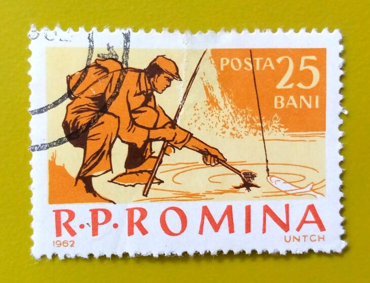 Issue:       Romania Fishing Series 1962 Stamp Type:        Stamp Number of Stamps:        1 Stamps Denomination:          25 B, Issue Date:          1962 Issued By:      Romania Post 