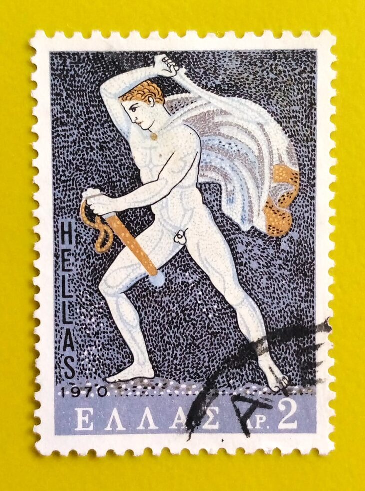 Issue:       Greece (Alexander) Lion Hunt Mosaic 1970 Stamp Type:       Stamp Number of Stamps:        1 Denominations:          10 Dr, Issue Date:           1970 Issued By:        Greece Post 