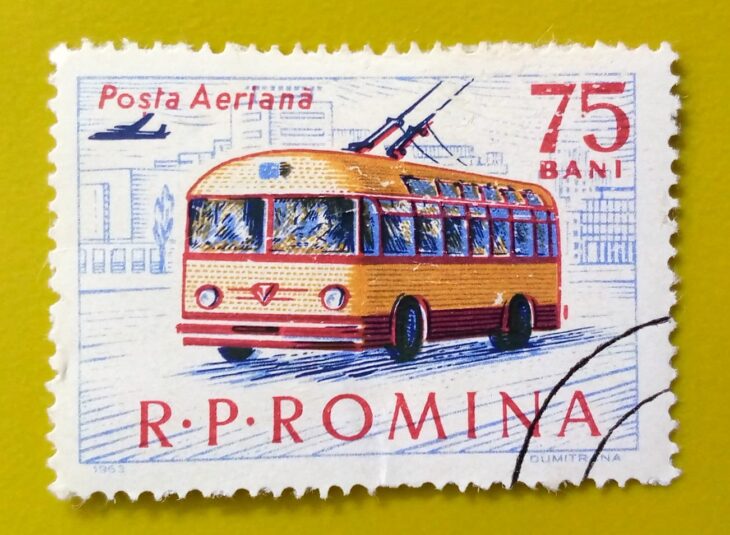 Issue:       Romania Bus 1963 Stamp Type:        Stamp Number of Stamps:        1 Stamps Denomination:          75 B, Issue Date:          1963 Issued By:      Romania Post 