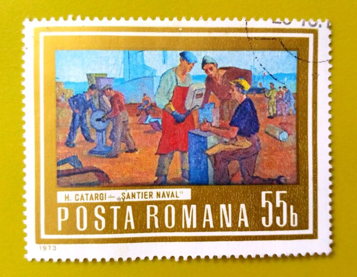 Issue:       Romania Shipyard Workers 1973 Stamp Type:        Stamp Number of Stamps:        1 Stamps Denomination:       55 B, Issue Date:       1973 Issued By:      Romania Post 