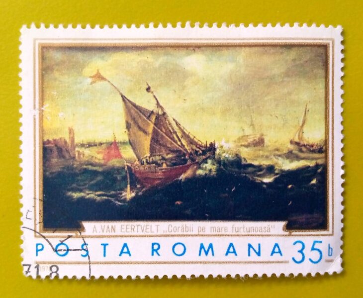 Issue:       Romania (Andries van Eertvelt) Ship on a Stormy Sea 1971 Stamp Type:        Stamp Number of Stamps:        1 Stamps Denomination:          35 B, Issue Date:          1971 Issued By:      Romania Post 