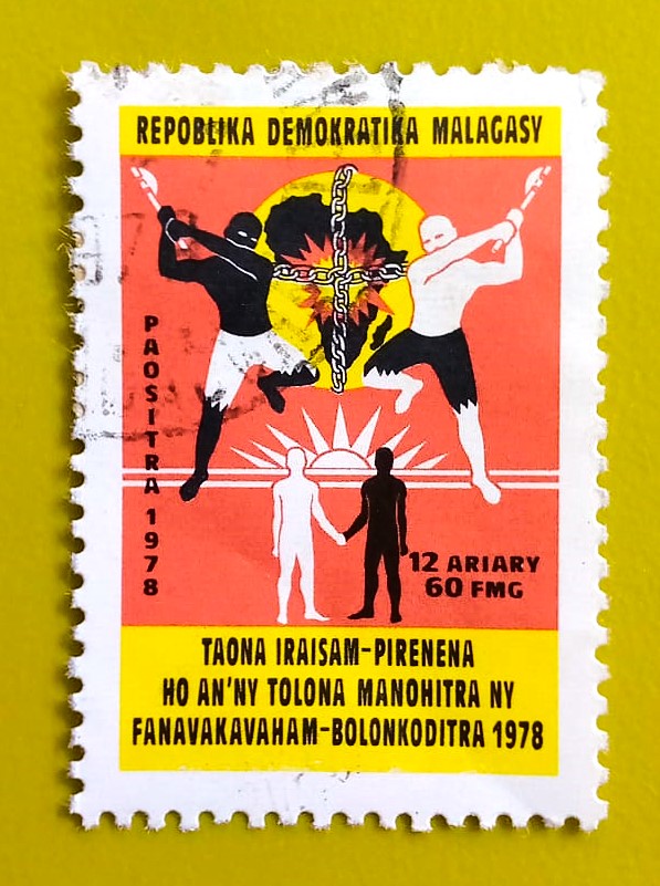 Issue:        Republic Malagasy International year for the Effect of Racism 1978 Stamp Type:         Stamp Number of Stamps:         2 Denominations:           60 FMG,  12 ariary, Issue Date:           1978 Issued By:       Madagascar Post 