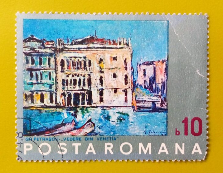 Issue:       Romania Painting of Venice 1972 Stamp Type:        Stamp Number of Stamps:        1 Stamps Denomination:          55 B, Issue Date:          1972 Issued By:      Romania Post 