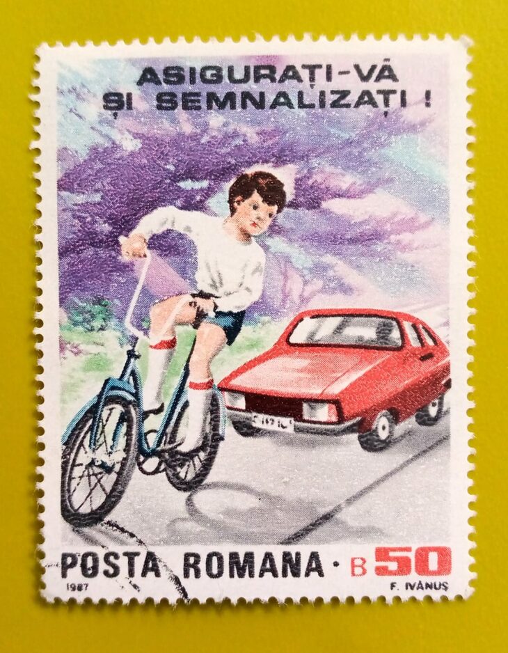 Issue:       Romania Traffic Safety 1989 Stamp Type:        Stamp Number of Stamps:        1 Stamps Denomination:          50 B, Issue Date:          1989 Issued By:      Romania Post 