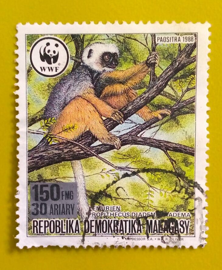 Issue:        Malagasy Madagascar (WWF) Diademed sifaka 1988 Stamp Type:         Stamp Number of Stamps:         1 Denominations:          150 FMG,  30 Ariary, Issue Date:           1988 Issued By:       Madagascar ( Post) 