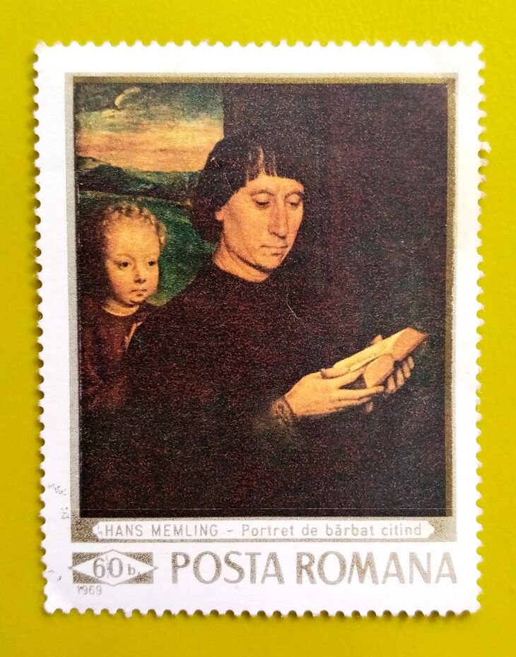 Issue:       Romania Hans Memling Portrait of a Man Reading 1969 Stamp Type:        Stamp Number of Stamps:        1 Stamps Denomination:          60 B, Issue Date:          1969 Issued By:      Romania Post 