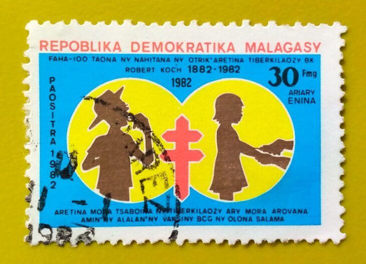 Issue:        Republic Malagasy the Discovery of the Tuberculosis Bacterium 1988 Stamp Type:         Stamp Number of Stamps:         1 Denominations:           30 FMG,  6 ariary, Issue Date:           1988 Issued By:       Madagascar Post 