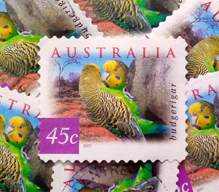 Issue:      Australia Budgerigar 2001 Stamp Type:       Stamp Number of Stamps:      9 Denominations:         45 C, Issue Date:        2001 Issued By:      Australia Post 
