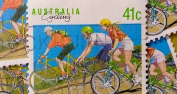 Issue:      Australia Cycling 1989 Stamp Type:       Stamp Number of Stamps:        6 Denominations:         41 c, Issue Date:        1989 Issued By:      Australia Post 