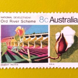 Issue:      Australia National Development Ord River Scheme 1970 Stamp Type:       Stamp Number of Stamps:        1 Denominations:         8 c, Issue Date:        1970 Issued By:      Australia Post 