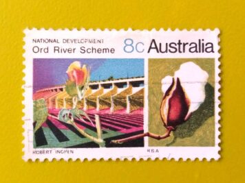 Issue:      Australia National Development Ord River Scheme 1970 Stamp Type:       Stamp Number of Stamps:        1 Denominations:         8 c, Issue Date:        1970 Issued By:      Australia Post 