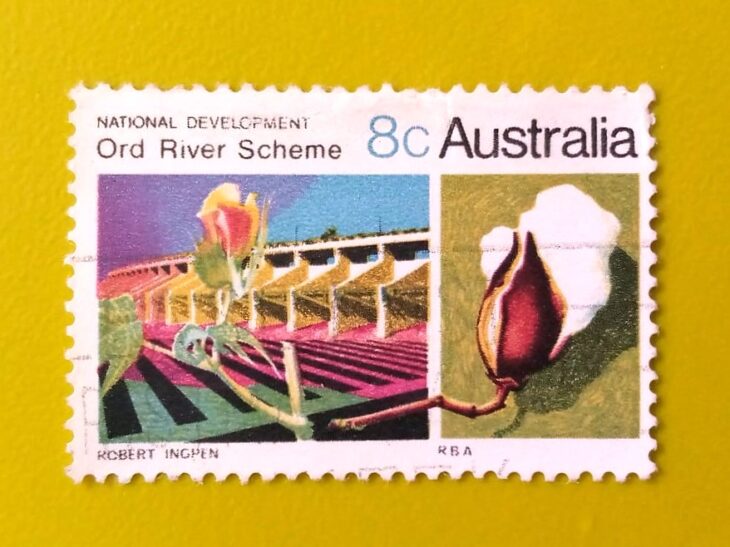 Issue:      Australia National Development Ord River Scheme 1970 Stamp Type:       Stamp Number of Stamps:        1 Denominations:         8 c, Issue Date:        1970 Issued By:      Australia Post 