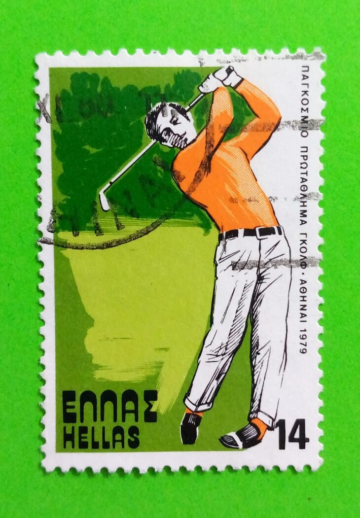 Issue:       Greece World Golf Championship 1979 Stamp Type:       Stamp Number of Stamps:          1 Denominations:          14 Dr, Issue Date:        1979 Issued By:     Greece Post 