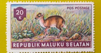 Issue:      Republic of South Maluku Mouse Deer 20k 1953 Stamp Type:      Stamp Number of Stamps:        1 Stamps Denomination:        20 K,   Issue Date:       1953 Issued By:      Indonesia post 