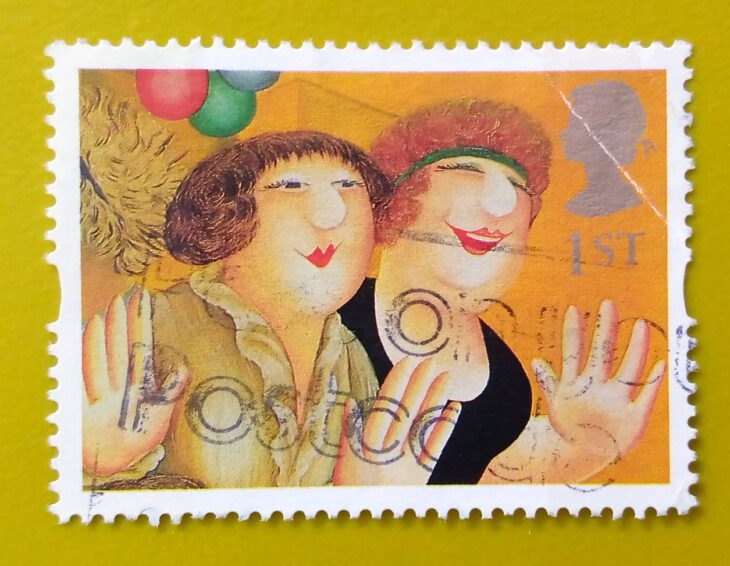 Issue:     Great Britain Girl on the Town (Beryl Cook) 1955 Stamp Type:     Stamp Number of Stamps:        1 Stamps Denomination:        1 St, Issue Date:        1955 Issued By:     Royal Mail, United Kingdom 